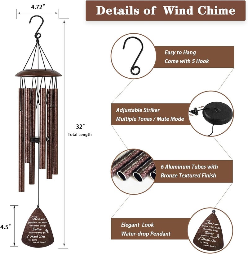 Soopau Thank You Gifts for Women Men, 32" Wind Chimes Thank You Gifts, Appreciation Gifts for Employee Coworkers Colleague Teachers Nurses, Thanksgiving Day Gifts for Family Friends - Image 4